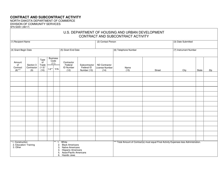 Form SFN52351 Contract and Subcontract Activity - North Dakota, Page 1