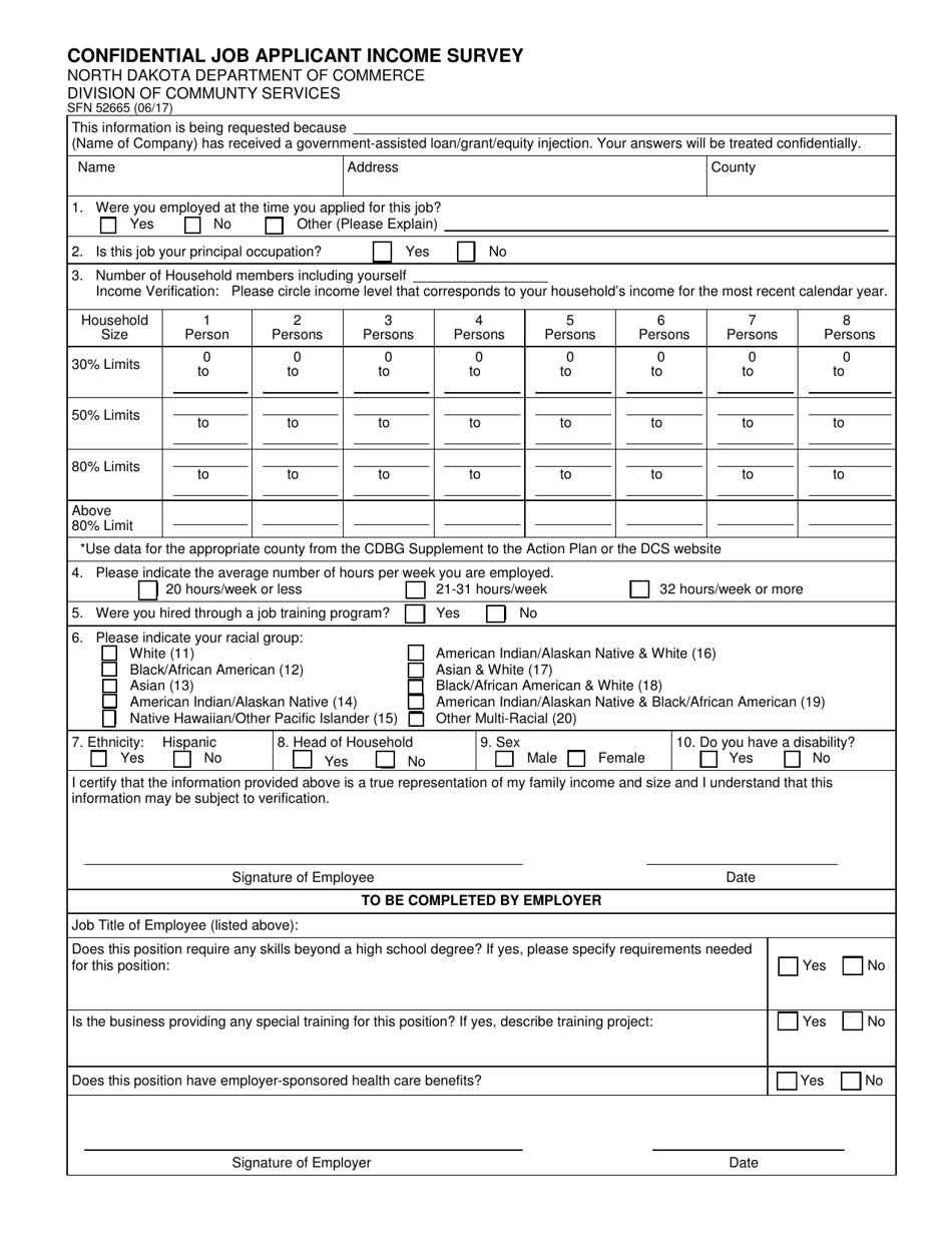 Form SFN52665 Confidential Job Applicant Income Survey - North Dakota, Page 1