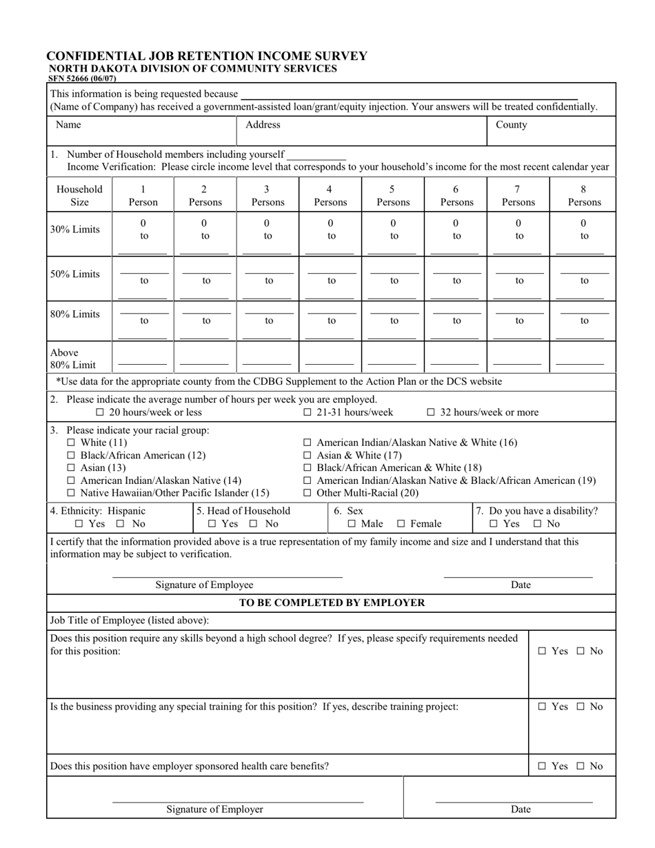 Form SFN52666 Confidential Job Retention Income Survey - North Dakota, Page 1