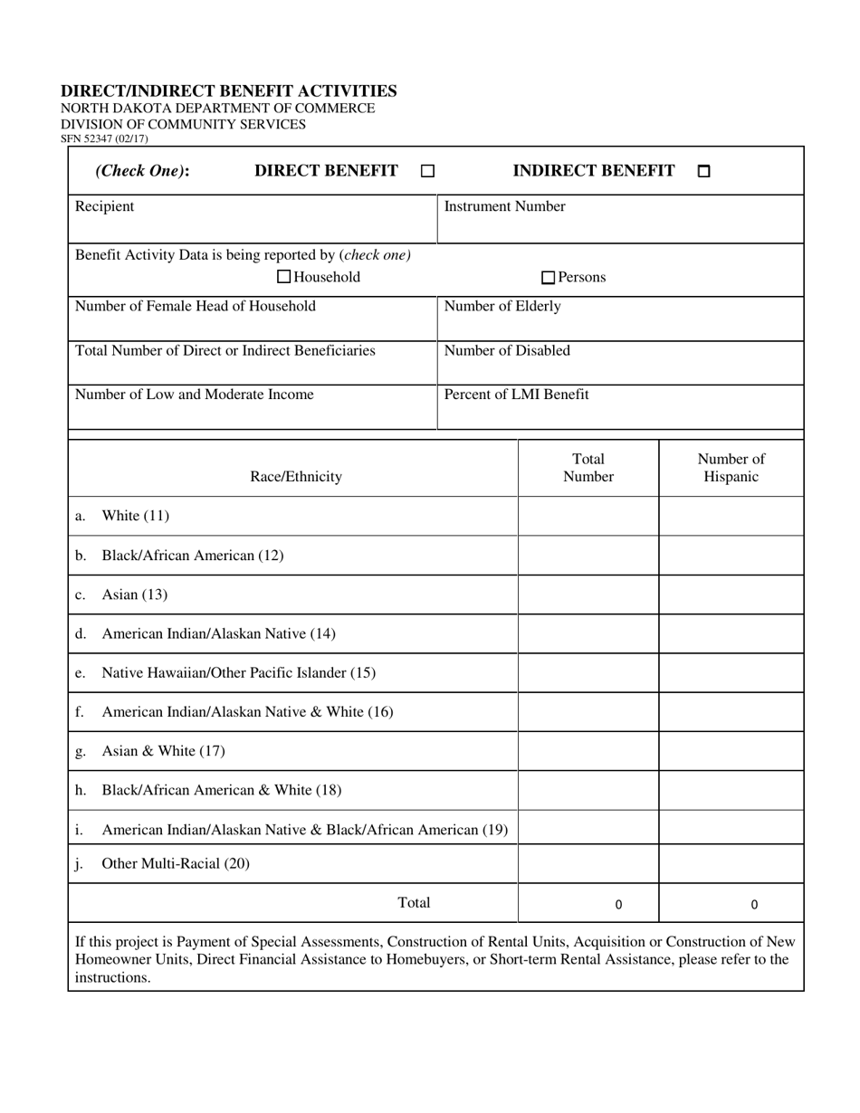 Form SFN52347 Direct / Indirect Benefit Activities - North Dakota, Page 1