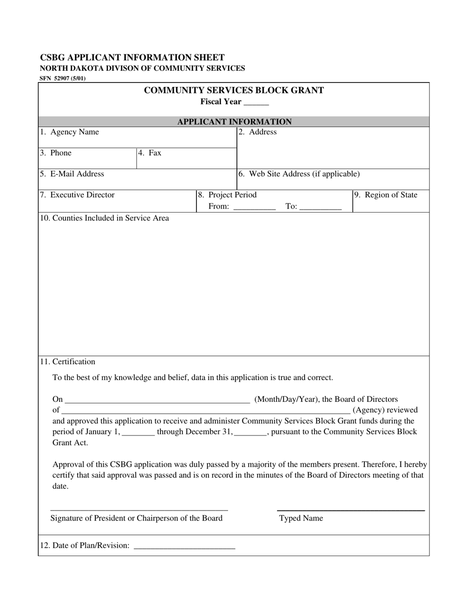 Form SFN52907 Csbg Applicant Information Sheet - North Dakota, Page 1
