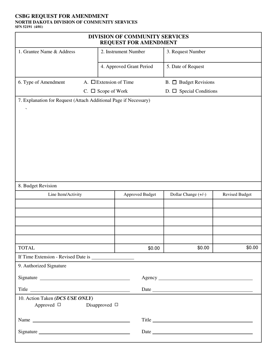 Form SFN52191 Csbg Request for Amendment - North Dakota, Page 1