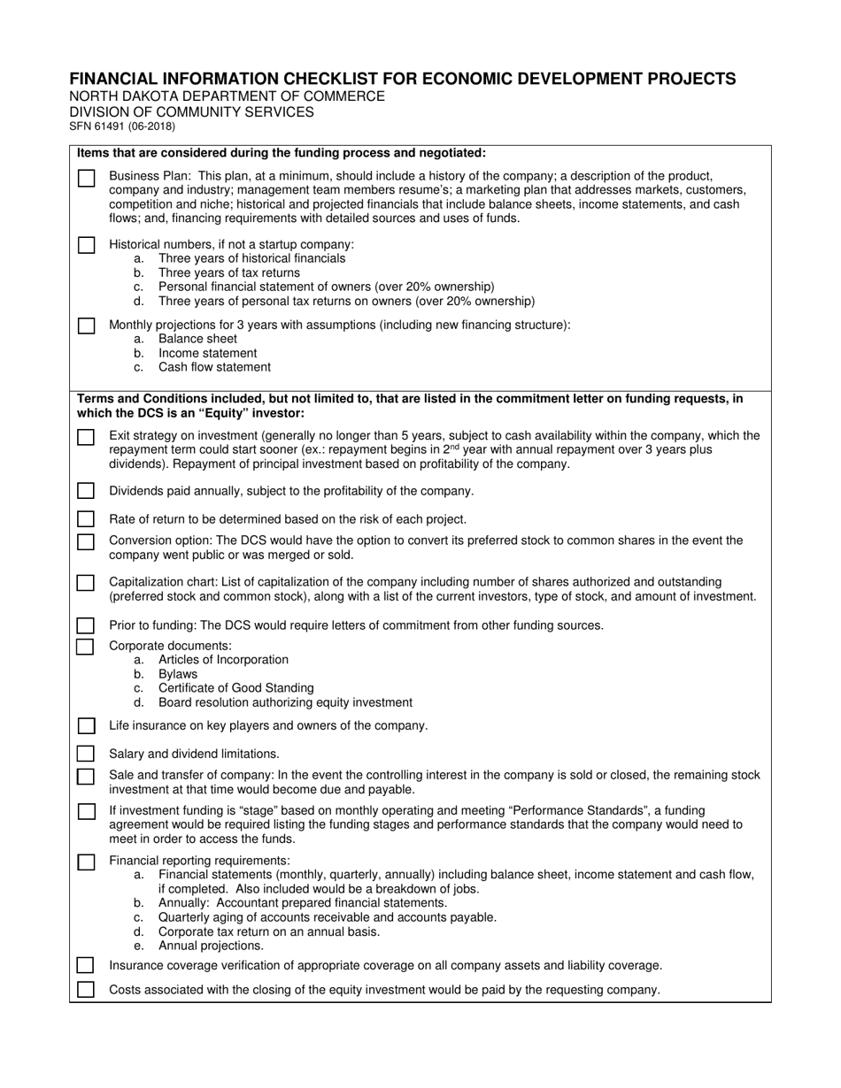 Form SFN61491 Financial Information Checklist for Economic Development Projects - North Dakota, Page 1