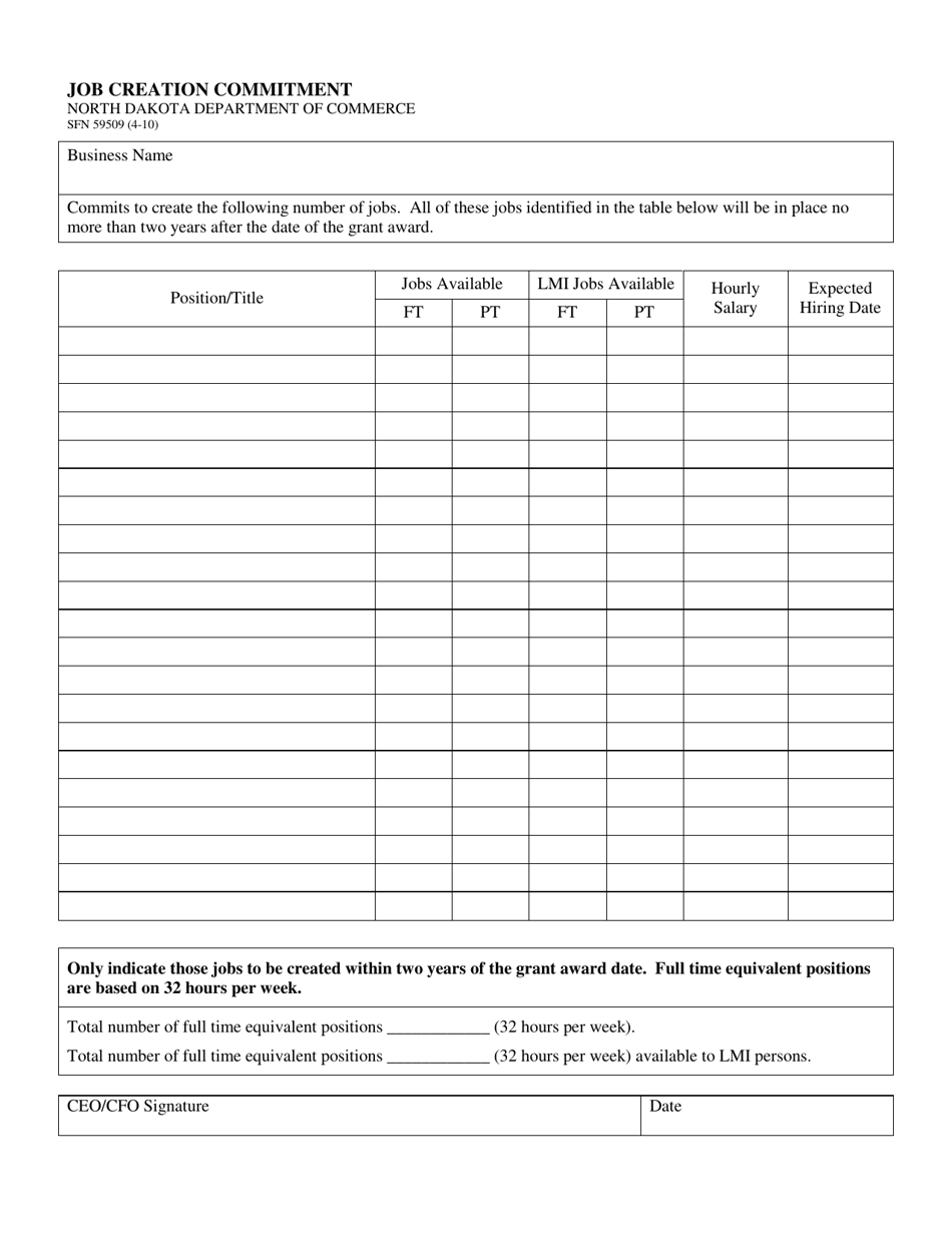 Form SFN59509 Job Creation Commitment - North Dakota, Page 1