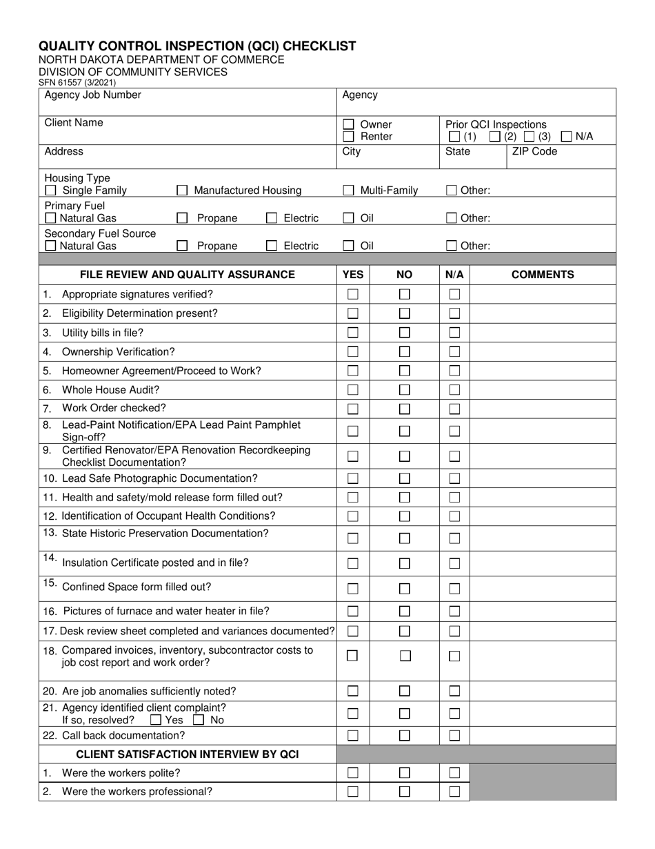 Form SFN61557 Quality Control Inspection (Qci) Checklist - North Dakota, Page 1