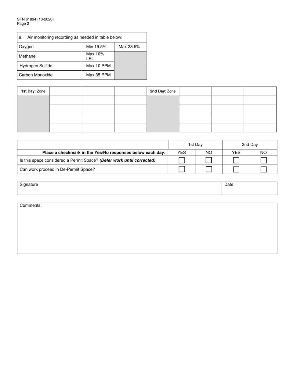 Form SFN61894 Nd Competent Person Confined Space Evaluation / Entry Sign-In - North Dakota, Page 2