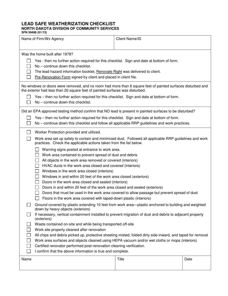 Form SFN59496 Lead Safe Weatherization Checklist - North Dakota, Page 1