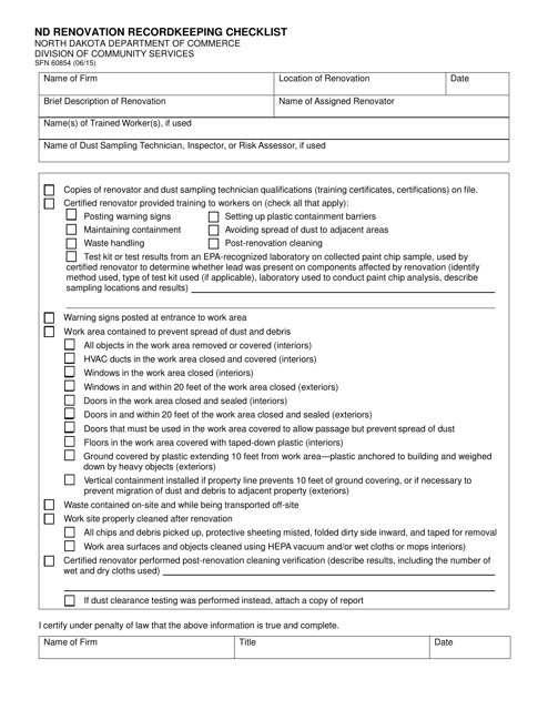 Form SFN60584 Nd Renovation Recordkeeping Checklist - North Dakota