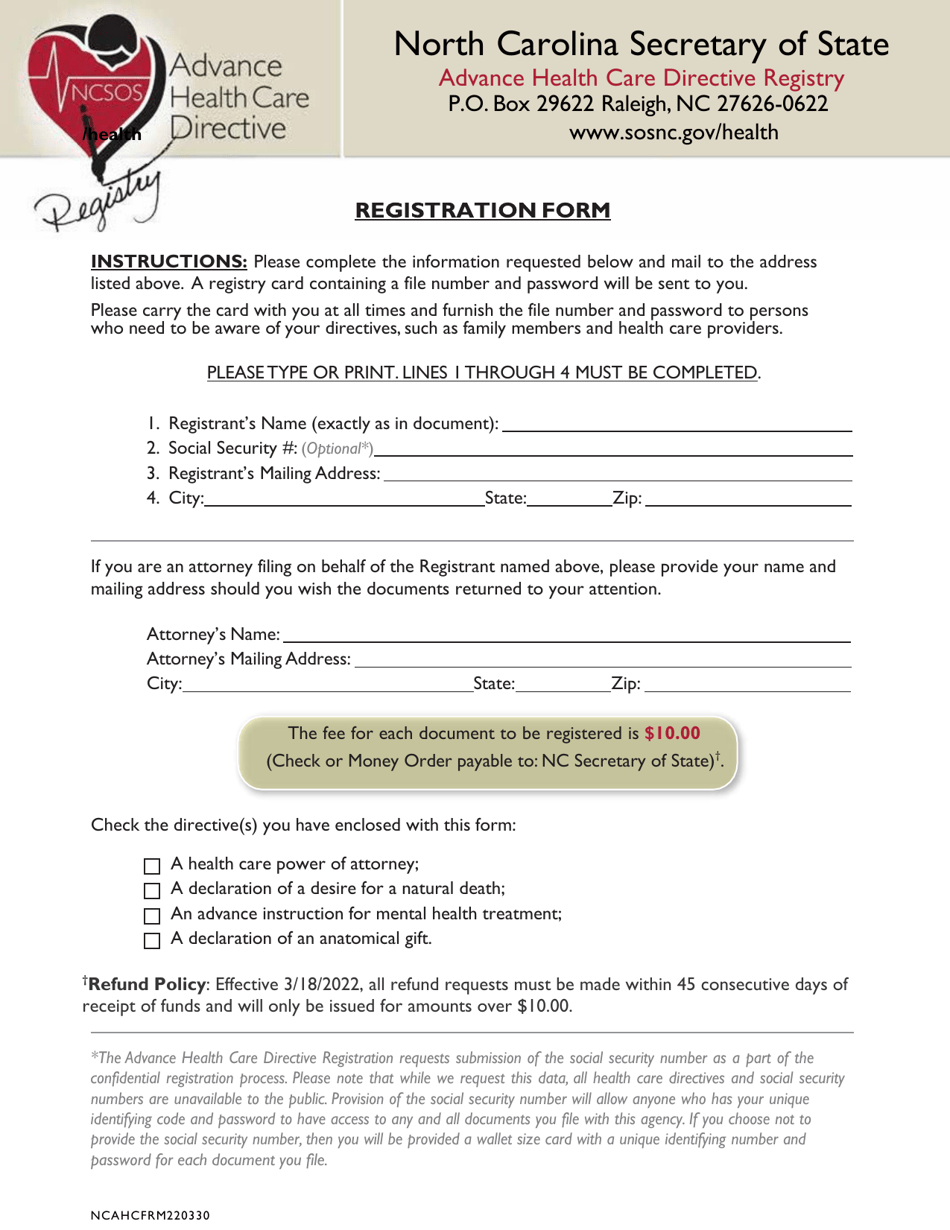 Registration Form - North Carolina, Page 1