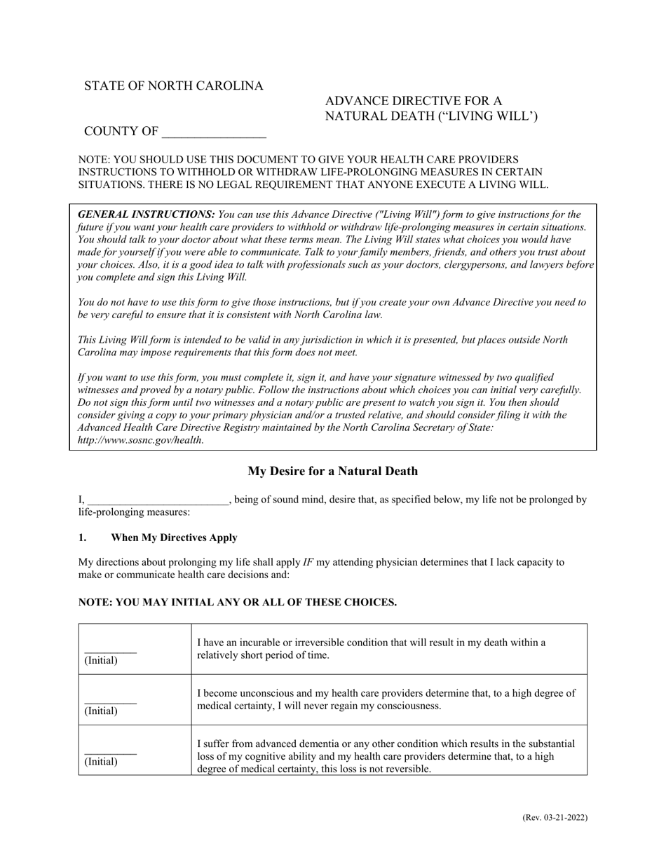 Advance Directive for a Natural Death (Living Will) - North Carolina, Page 1
