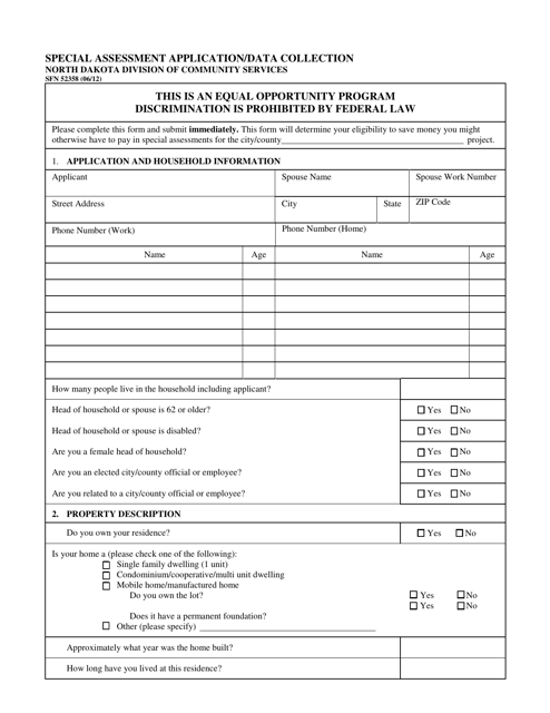Form SFN52358 Special Assessment Application/Data Collection - North Dakota