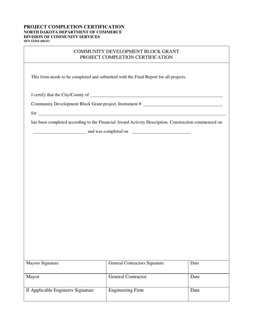 Form SFN52354 Project Completion Certification - North Dakota