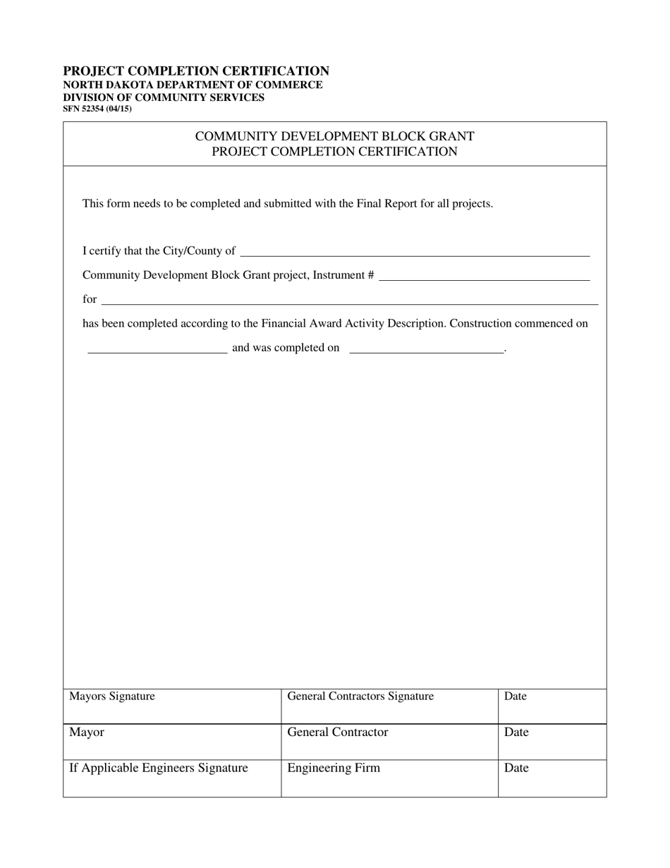 Form SFN52354 Project Completion Certification - North Dakota, Page 1