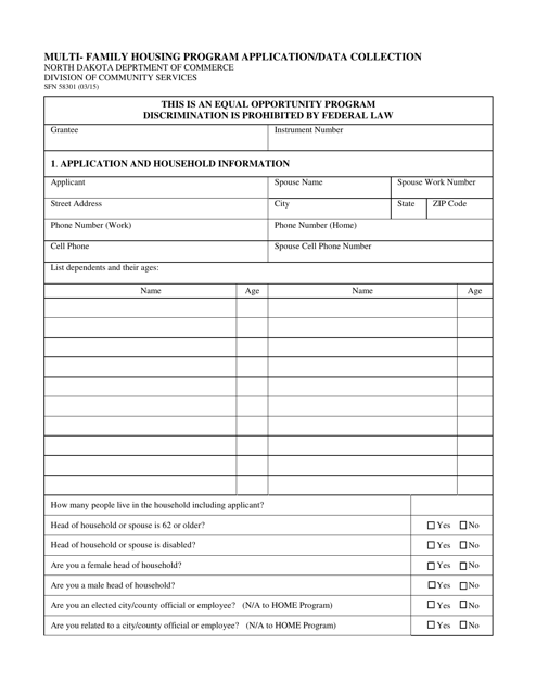 Form SFN58301 Multi-Family Housing Program Application/Data Collection - North Dakota