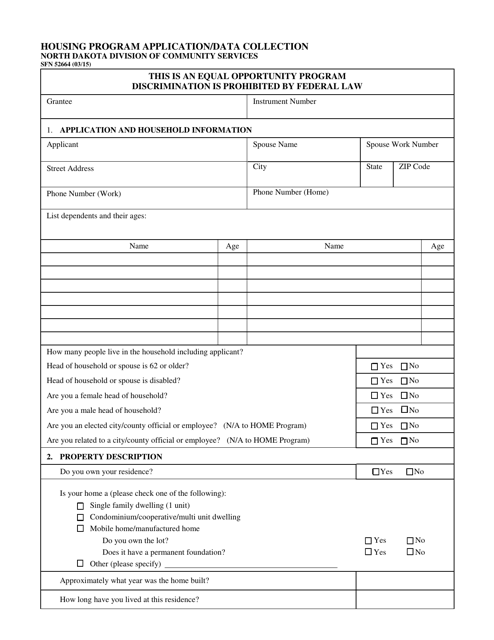 Form SFN52664 Housing Program Application/Data Collection - North Dakota