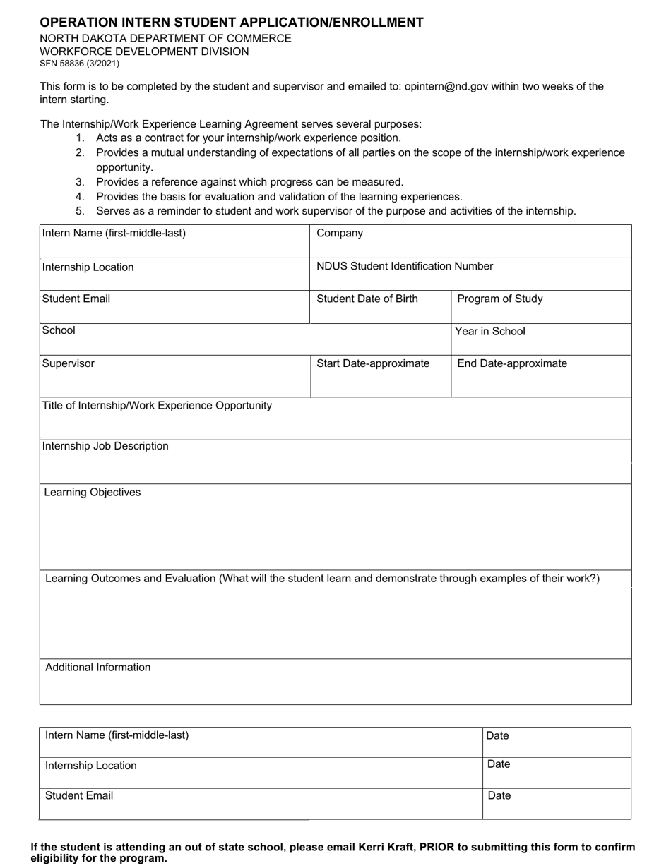 Form SFN58836 Operation Intern Student Application / Enrollment - North Dakota, Page 1