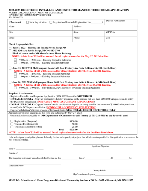 Form SFN58399 Registered Installer and Inspector Manufactured Home Application - North Dakota, 2023