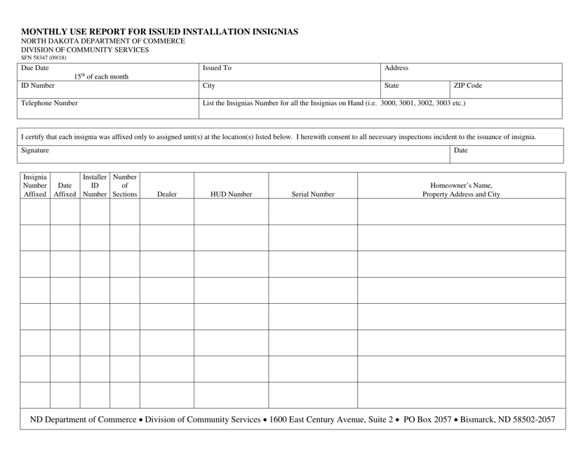 Form SFN58347 Monthly Use Report for Issued Installation Insignias - North Dakota