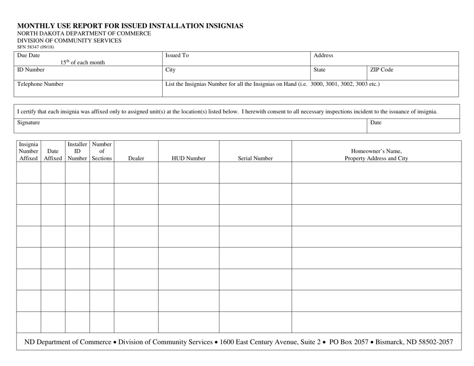 Form SFN58347 Monthly Use Report for Issued Installation Insignias - North Dakota, Page 1