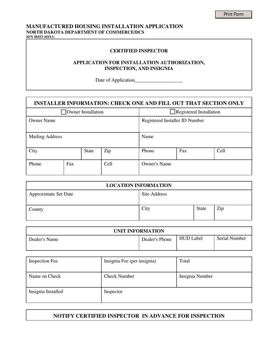 Form SFN58353 Manufactured Housing Installation Application - North Dakota, Page 1