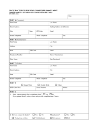 Form SFN53819 Manufactured Housing Consumer Complaint - North Dakota