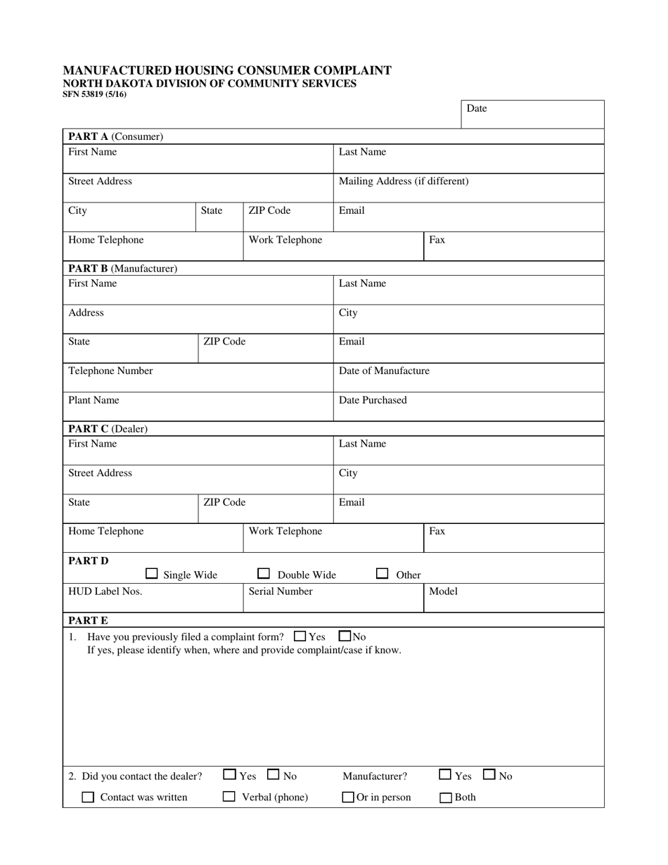 Form SFN53819 Manufactured Housing Consumer Complaint - North Dakota, Page 1