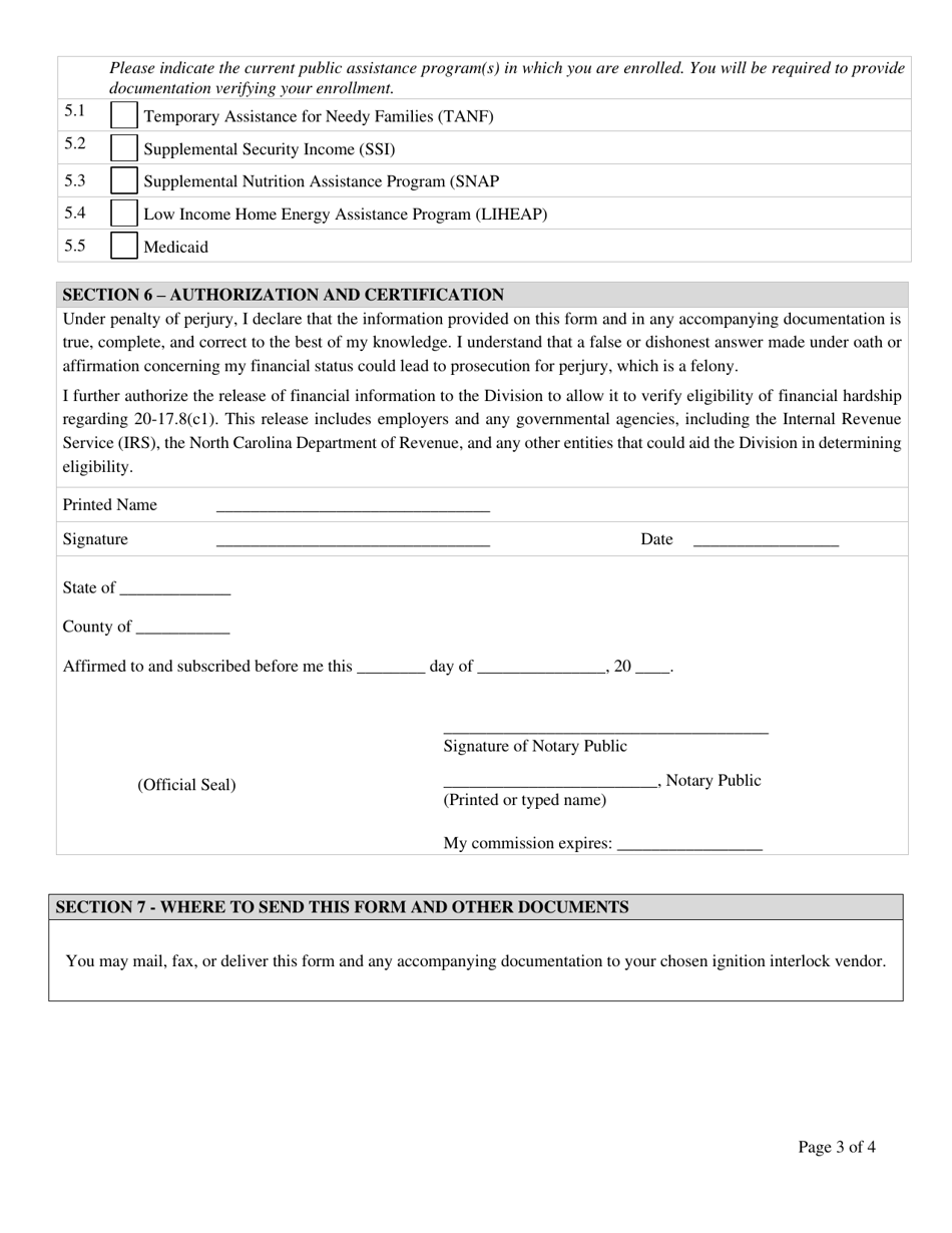 North Carolina Affidavit of Financial Hardship Request to Waive the Costs of Ignition Interlock