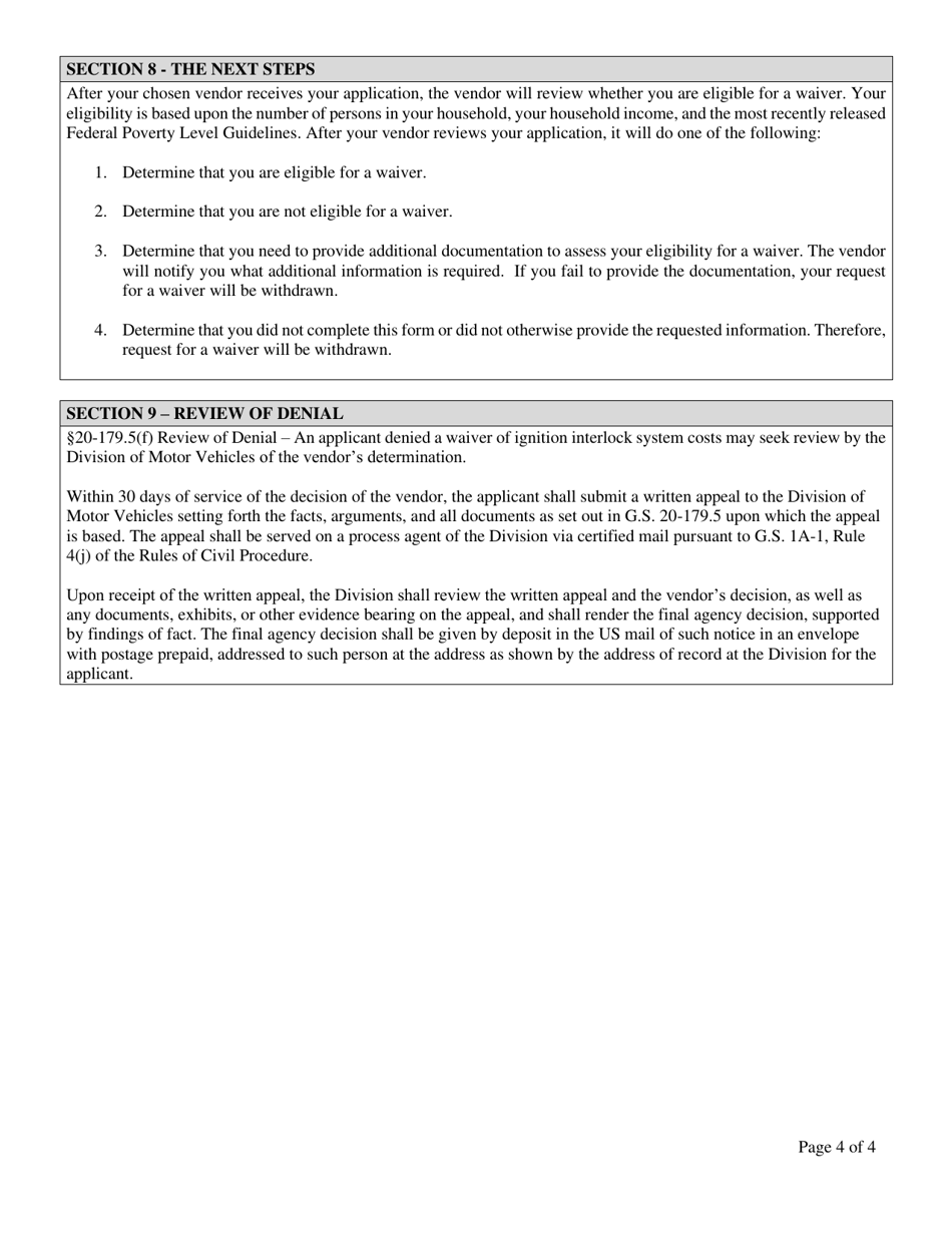 North Carolina Affidavit of Financial Hardship Request to Waive the Costs of Ignition Interlock