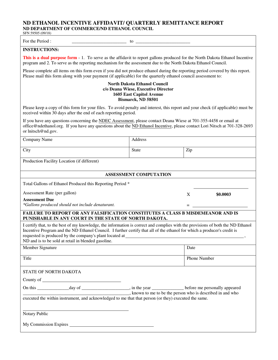 Form SFN59505 Nd Ethanol Incentive Affidavit / Quarterly Remittance Report - North Dakota, Page 1