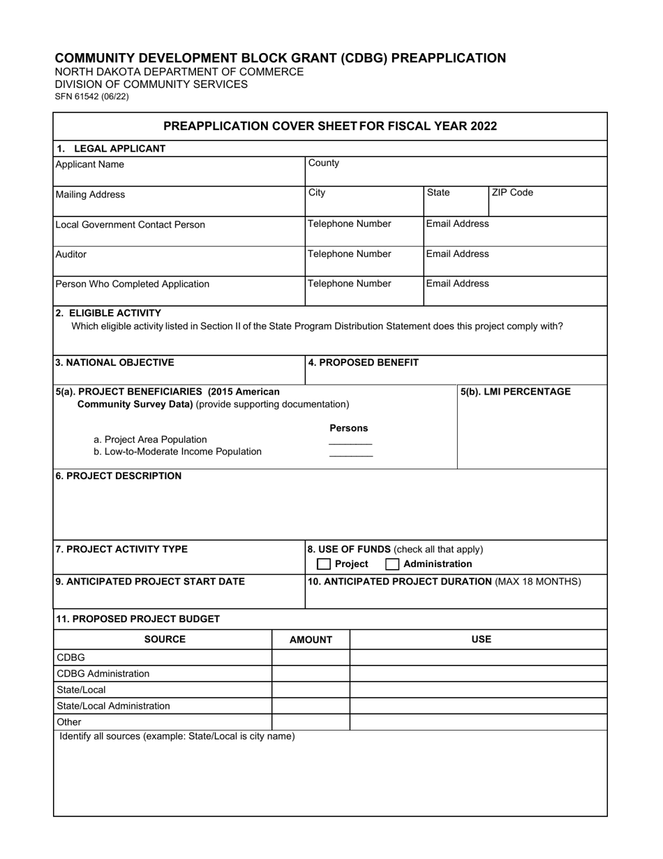 Form SFN61542 Community Development Block Grant (Cdbg) Preapplication - North Dakota, Page 1