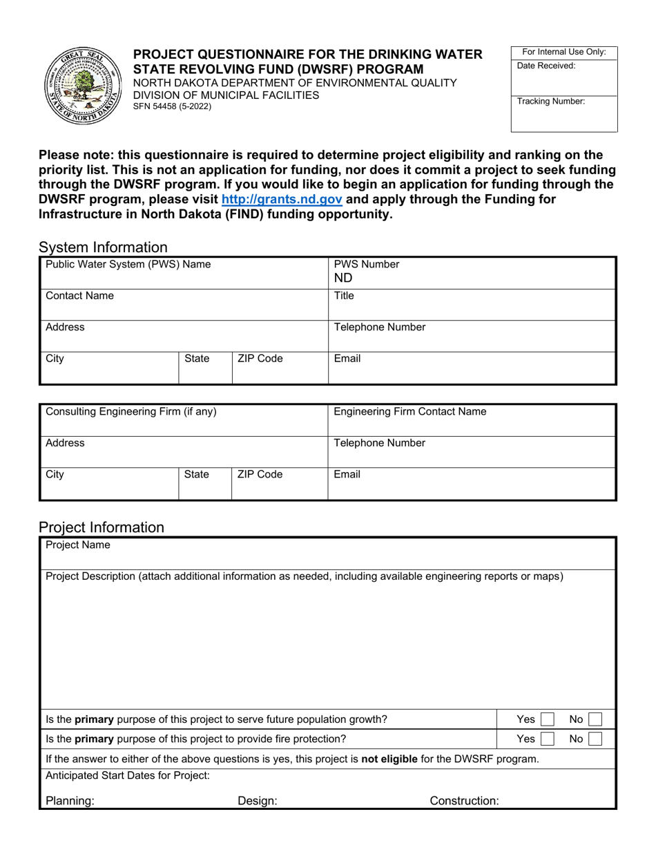 Form SFN54458 Project Questionnaire for the Drinking Water State Revolving Fund (Dwsrf) Program - North Dakota, Page 1