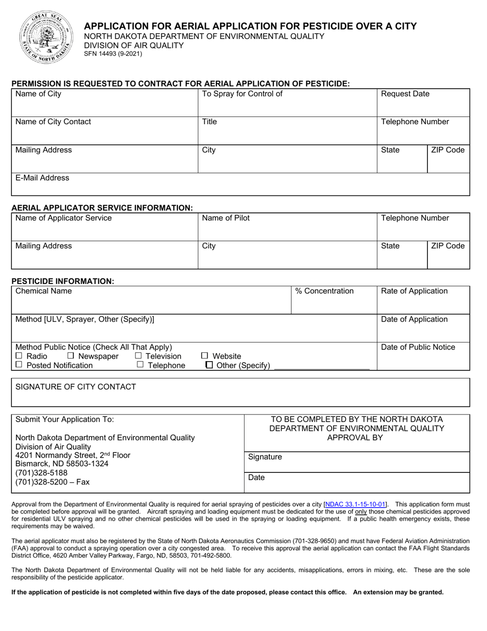 Form SFN14493 Application for Aerial Application for Pesticide Over a City - North Dakota, Page 1