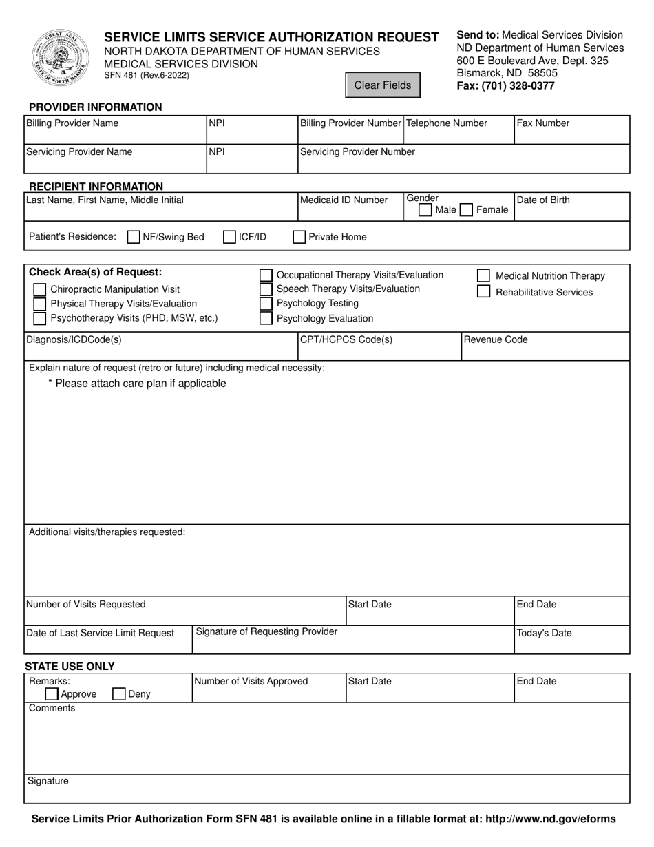 Form SFN481 Service Limits Service Authorization Request - North Dakota, Page 1