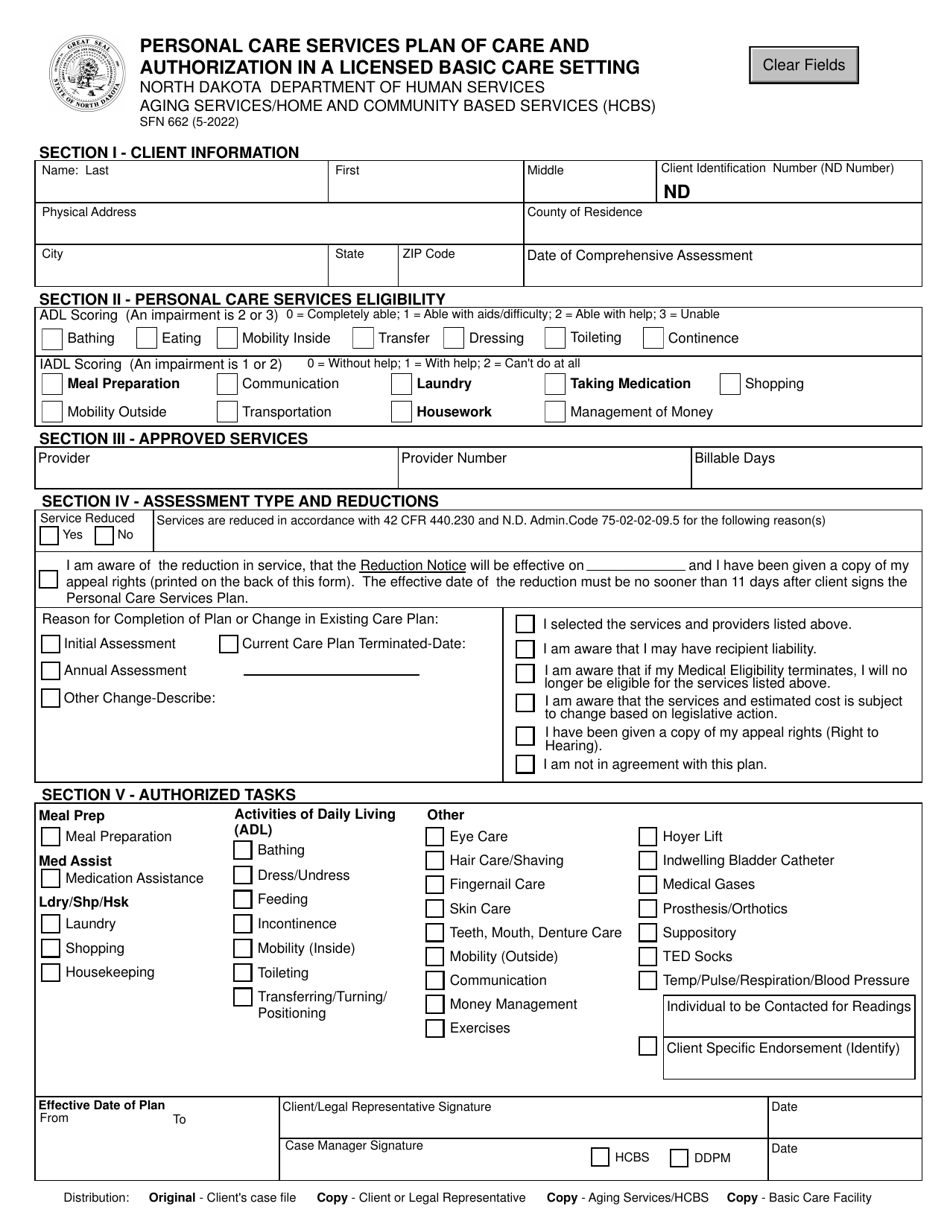 Form SFN662 Personal Care Services Plan of Care and Authorization in a Licensed Basic Care Setting - North Dakota, Page 1