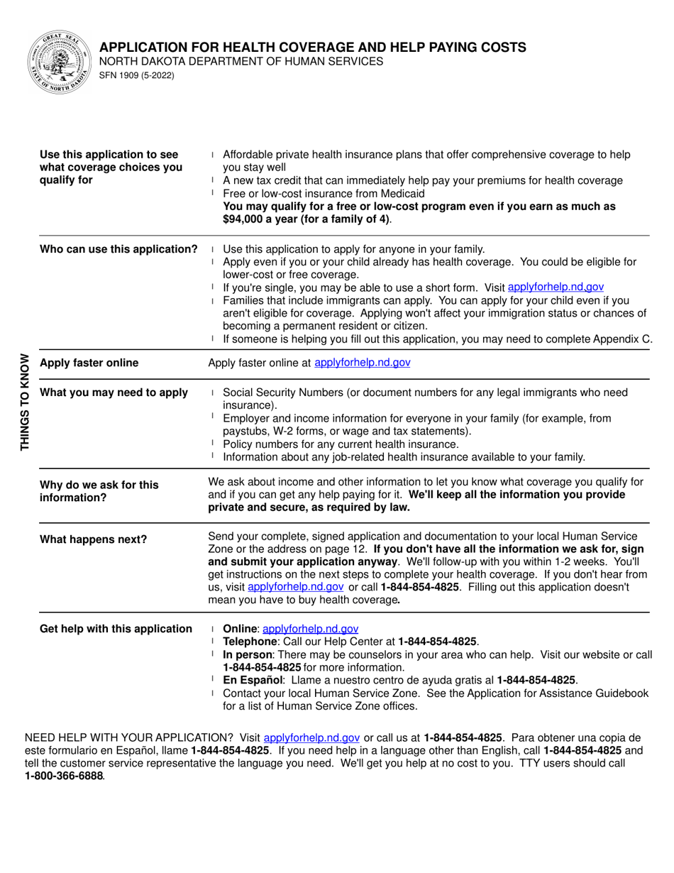 Form SFN1909 Application for Health Coverage and Help Paying Costs - North Dakota, Page 1