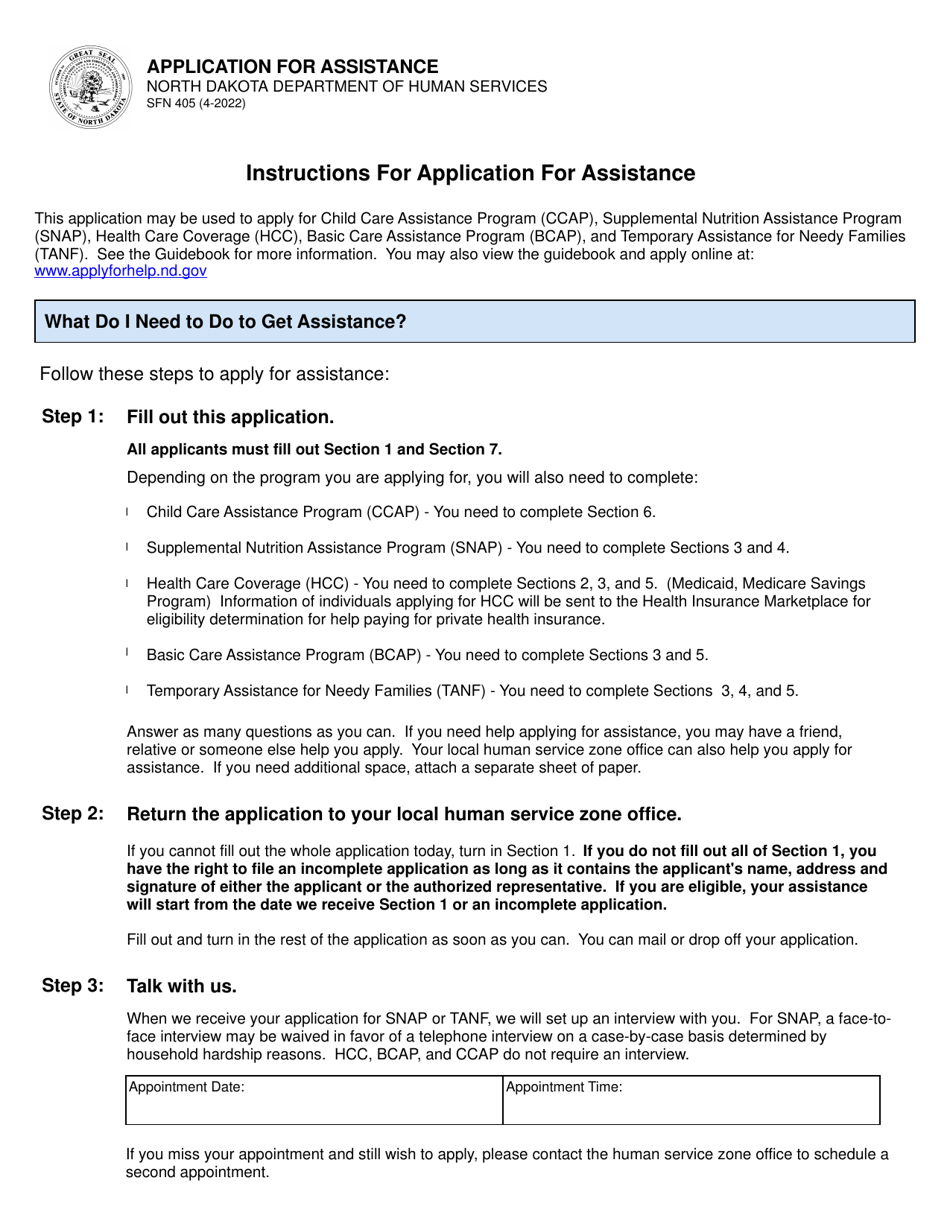Form SFN405 Application for Assistance - North Dakota, Page 1
