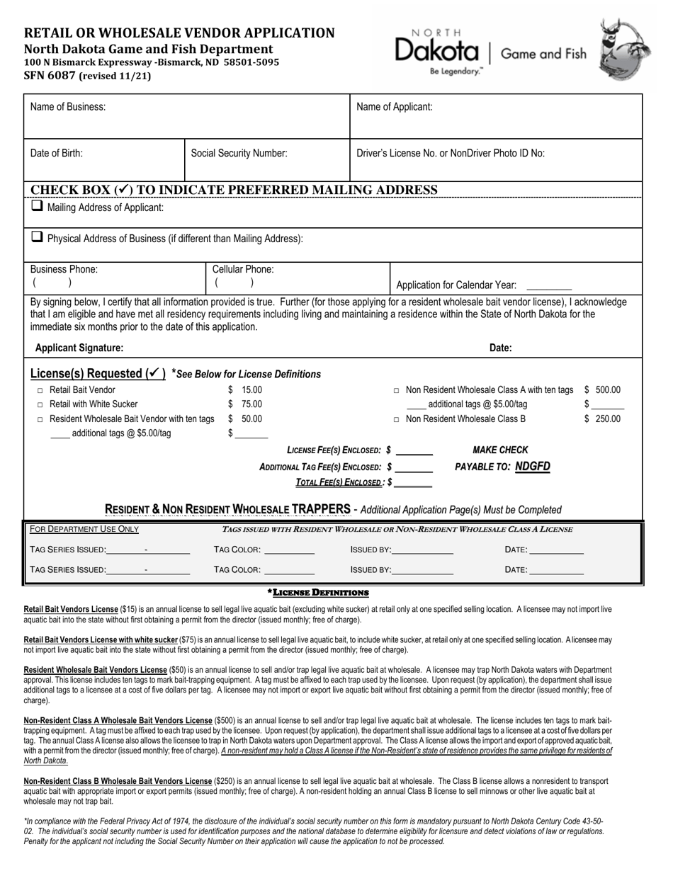 Form SFN6087 Retail or Wholesale Vendor Application - North Dakota, Page 1