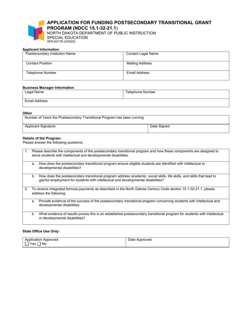 Form SFN62178 Application for Funding Postsecondary Transitional Grant Program (Ndcc 15.1-32-21.1) - North Dakota