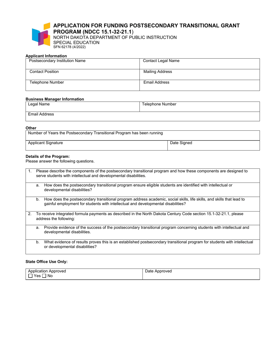 Form SFN62178 Application for Funding Postsecondary Transitional Grant Program (Ndcc 15.1-32-21.1) - North Dakota, Page 1