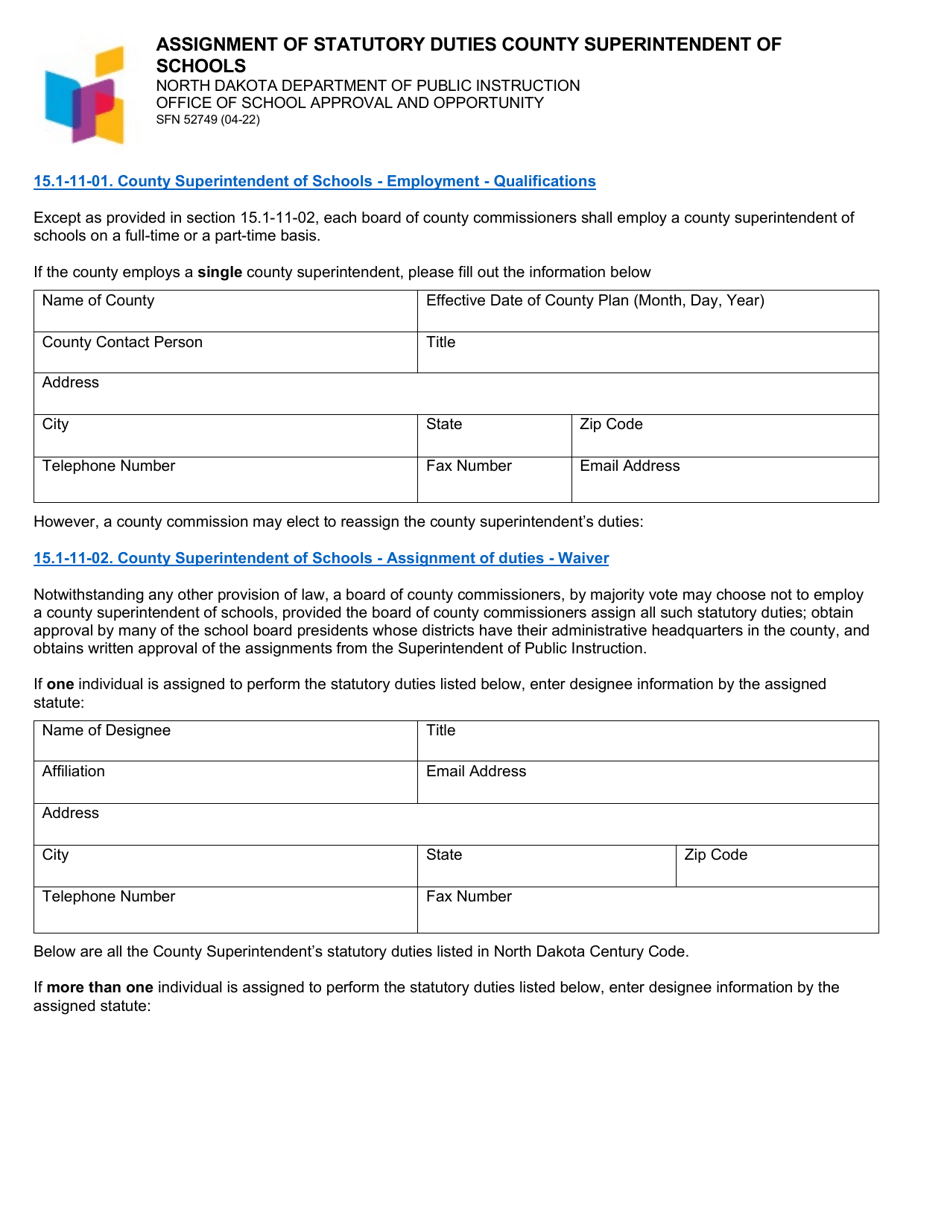 Form SFN52749 Assignment of Statutory Duties County Superintendent of Schools - North Dakota, Page 1