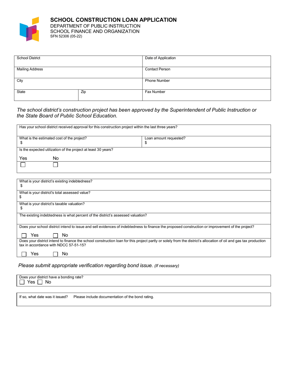 Form SFN52306 School Construction Loan Application - North Dakota, Page 1