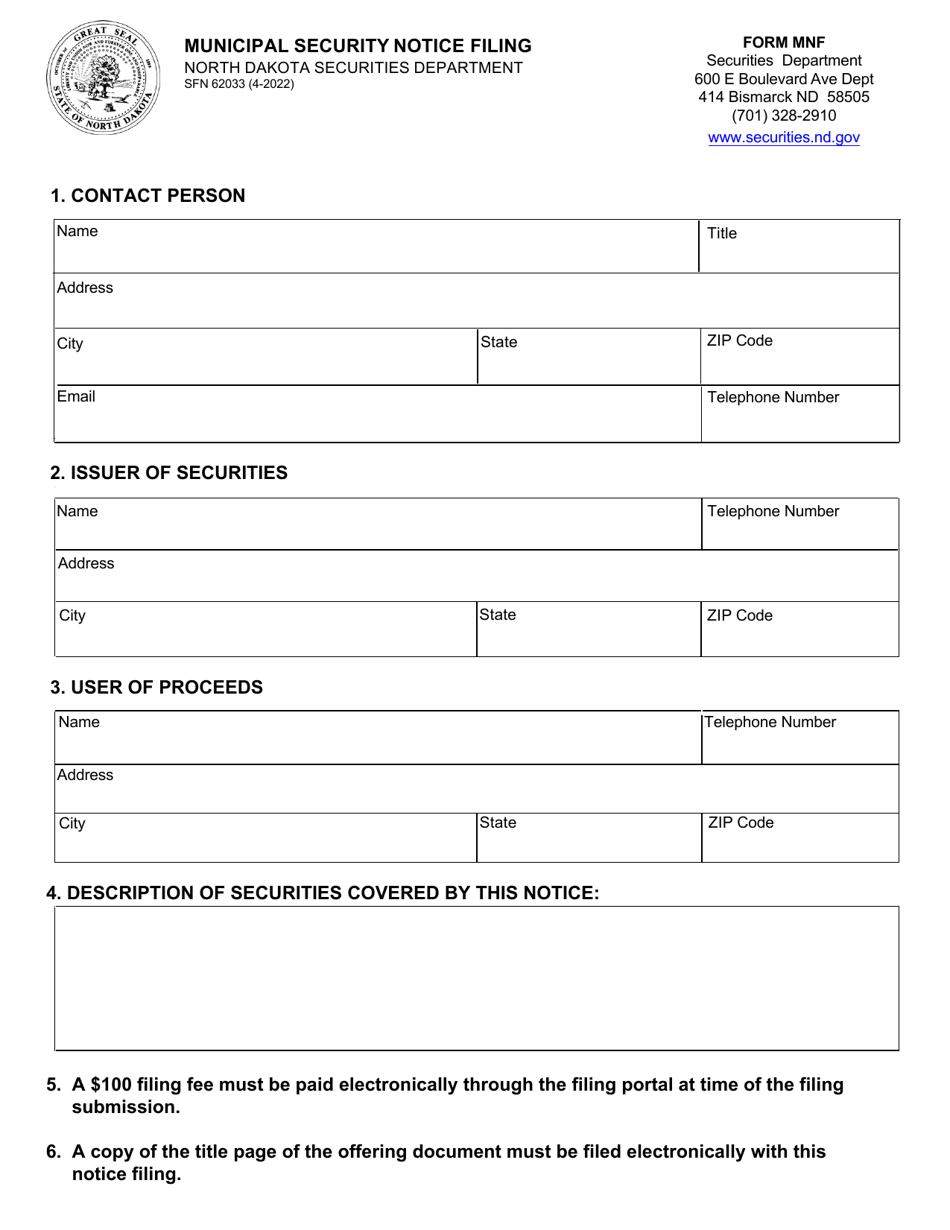 Form MNF (SFN62033) Municipal Security Notice Filing - North Dakota, Page 1