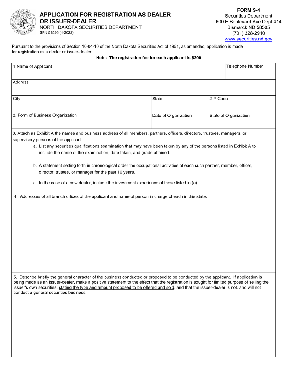 Form S-4 (SFN51526) Application for Registration as Dealer or Issuer-Dealer - North Dakota, Page 1