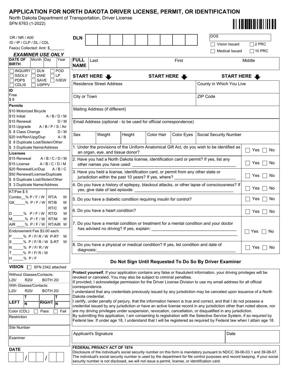 Form SFN6763 Application for North Dakota Driver License, Permit, or Identification - North Dakota, Page 1