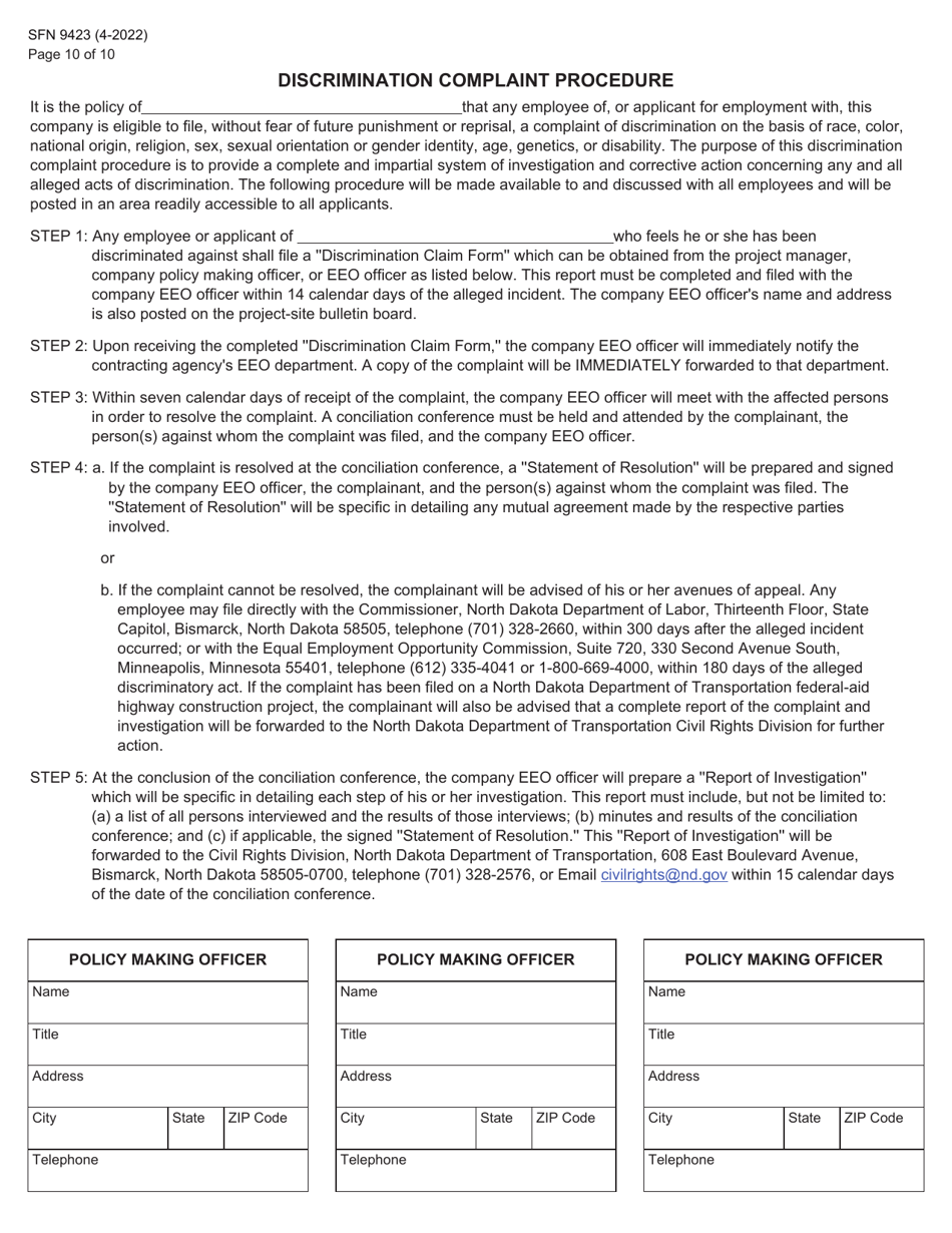 Form SFN9423 Pre-construction Conference - Equal Employment Opportunity (EEO), Title VI, Labor Standards, and Dbe Participation Information - North Dakota, Page 10