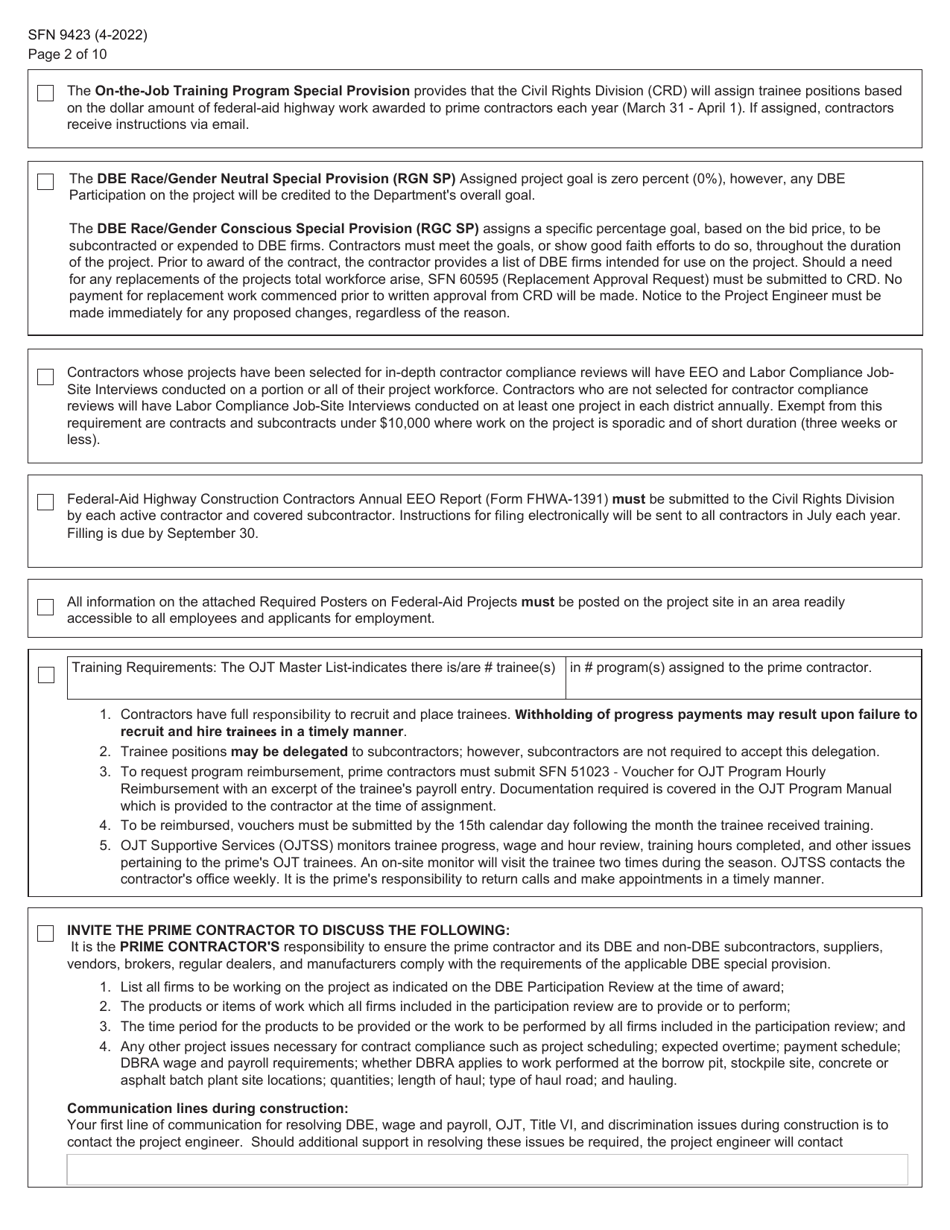 Form SFN9423 Pre-construction Conference - Equal Employment Opportunity (EEO), Title VI, Labor Standards, and Dbe Participation Information - North Dakota, Page 2