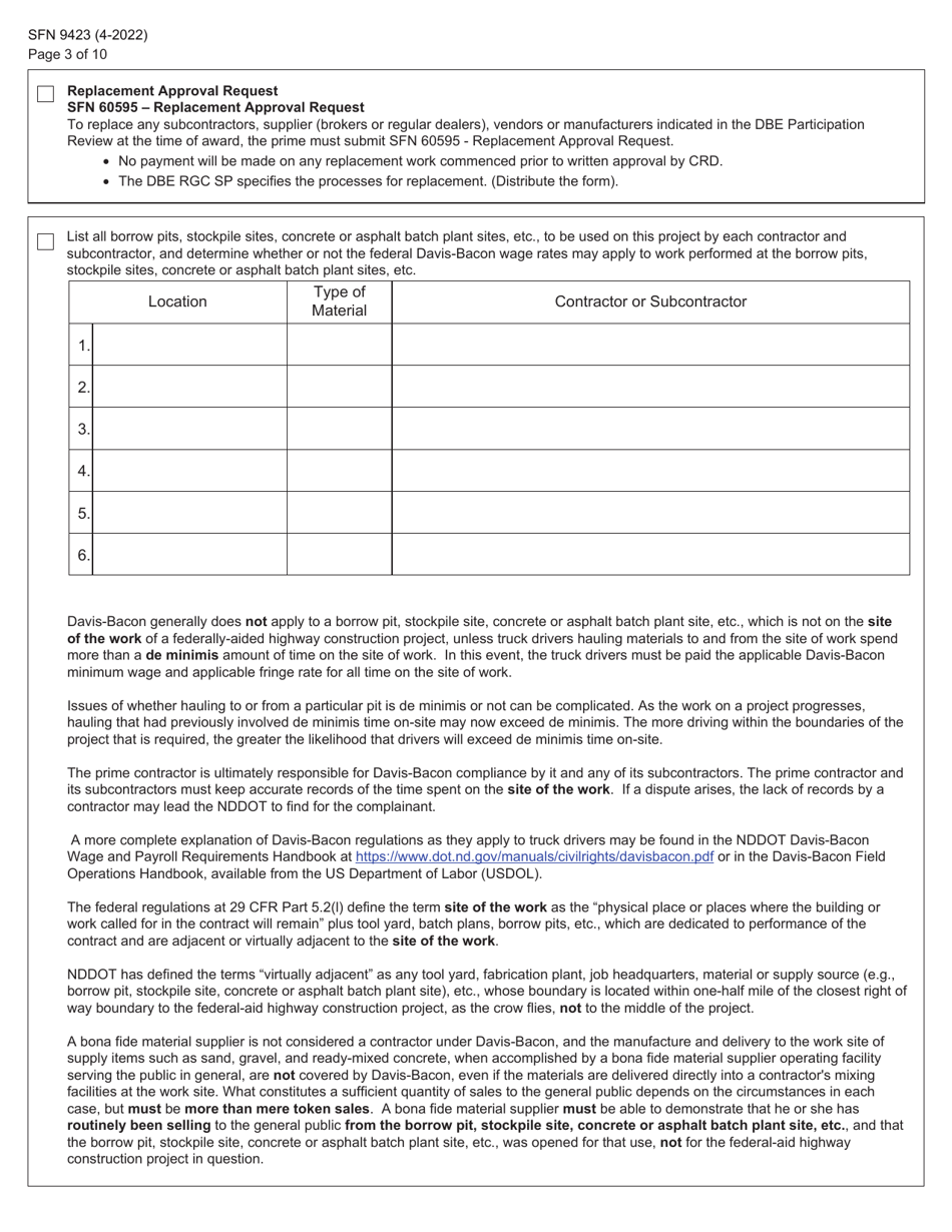 Form SFN9423 Pre-construction Conference - Equal Employment Opportunity (EEO), Title VI, Labor Standards, and Dbe Participation Information - North Dakota, Page 3