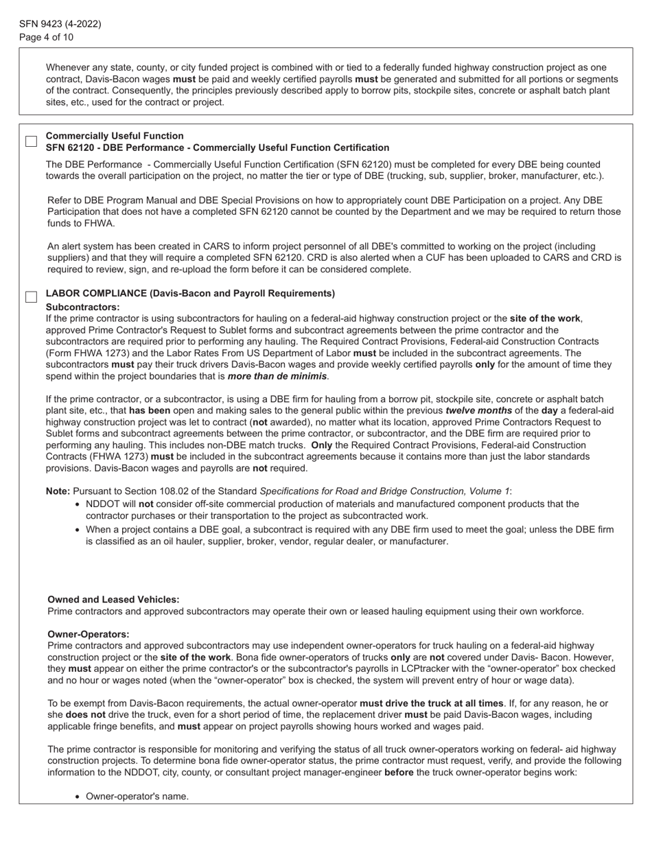 Form SFN9423 Pre-construction Conference - Equal Employment Opportunity (EEO), Title VI, Labor Standards, and Dbe Participation Information - North Dakota, Page 4