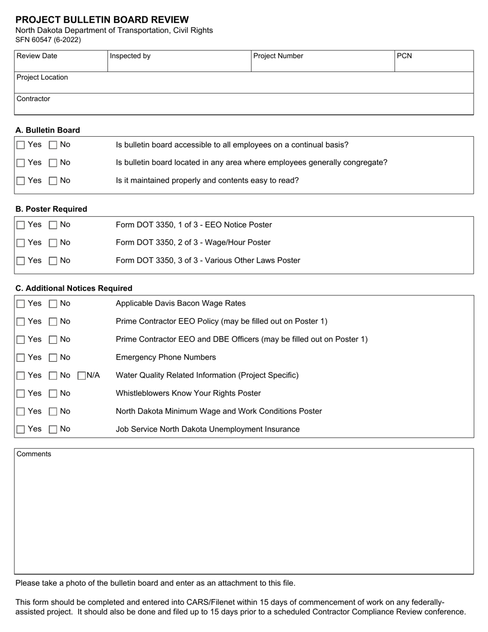 Form SFN60547 Project Bulletin Board Review - North Dakota, Page 1