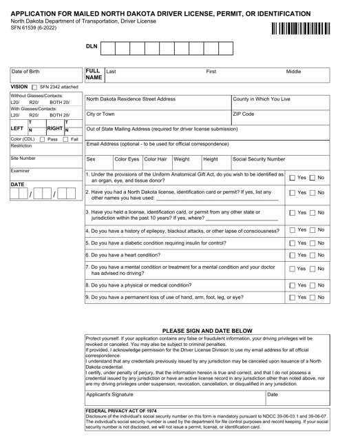 Form SFN61539 Application for Mailed North Dakota Driver License, Permit, or Identification - North Dakota